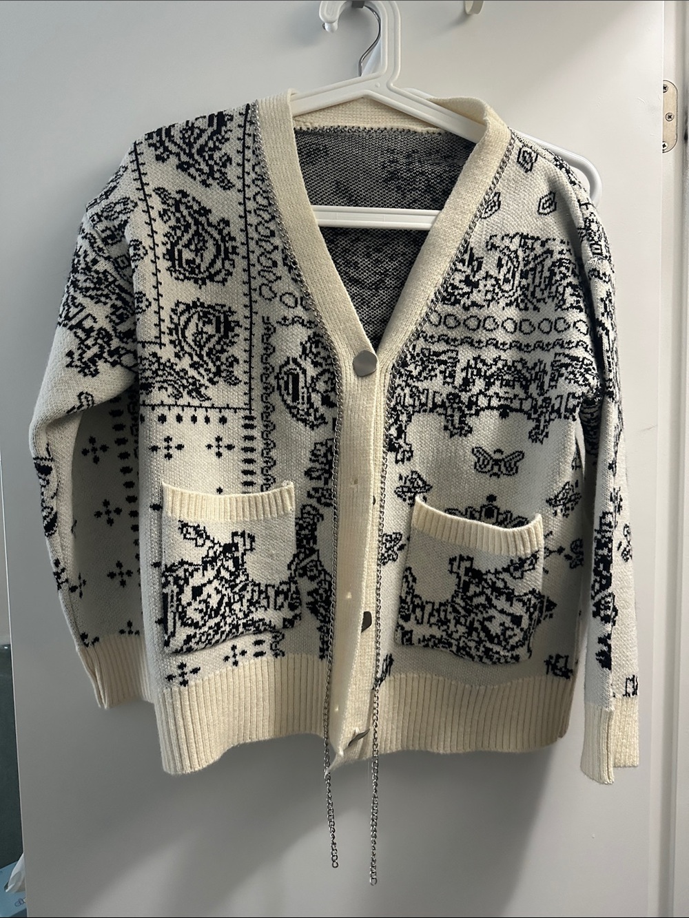 Cream and Black Patterned Men's Cardigan Sweater